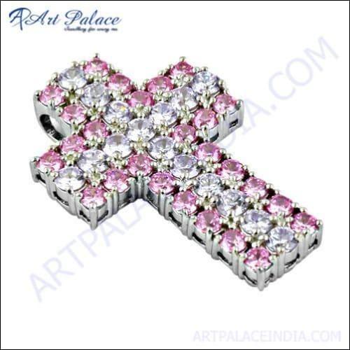 Charming Pink & White Zirconia Gemstone Silver Cross Pendant