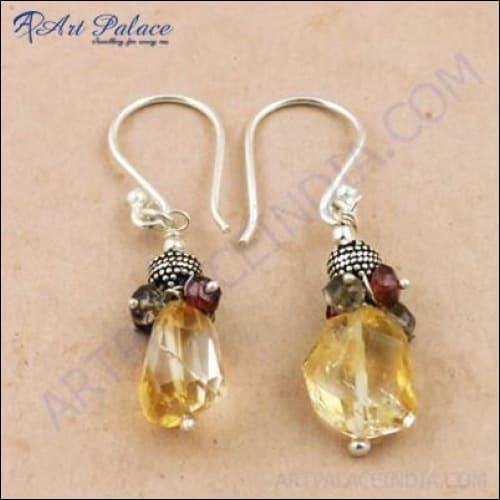 Citrine & Garnet & Smokey Quartz Gemstone Silver Earrings