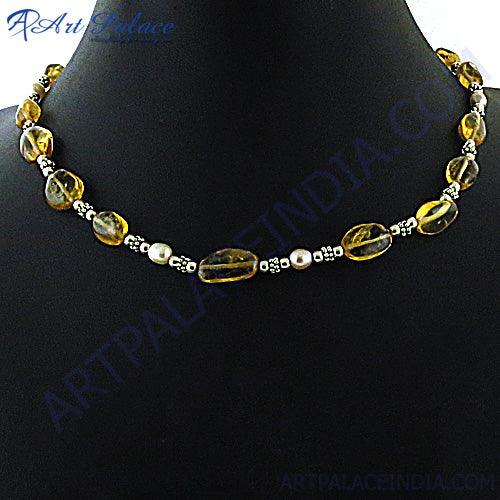 Citrine and Pearl 925 Sterling Silver Necklace Handmade Necklace Fashion Beaded Necklace