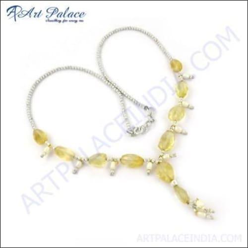 Citrine Pearl Gemstone Silver Necklace