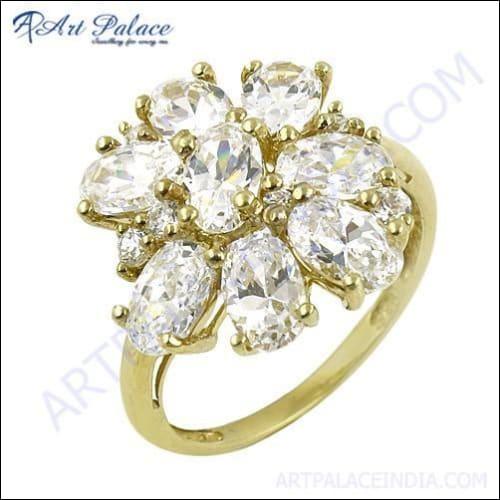 Classic Cubic Zirconia Gemstone 925 Silver Gold Plated Ring