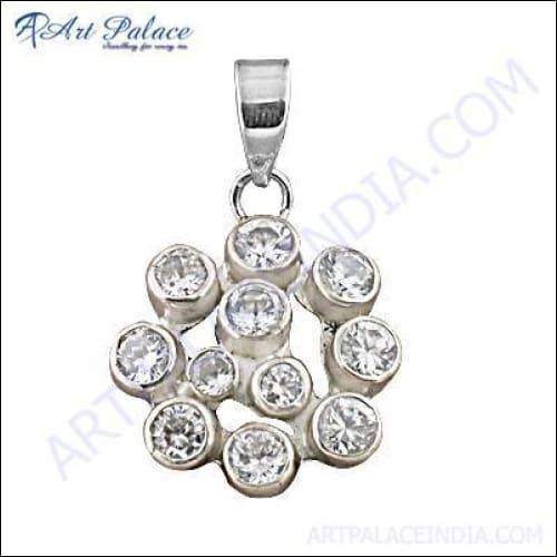 Classic Cz Gemstone Silver Pendant In Flower Style