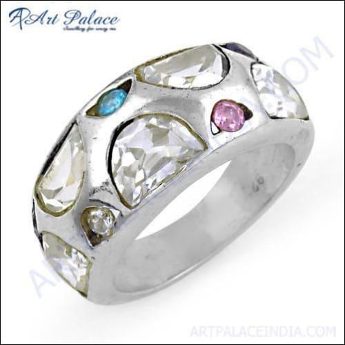 Classic Multi Color Cubic Zirconia Gemstone Silver Ring