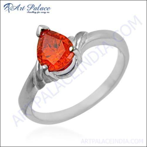 Classic Orange Cubic Zirconia Gemstone Silver Ring