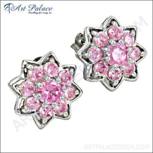 Classic Pink Cubic Zirconia Sterling Silver Earrings Jewelry, 925 Sterling Silver Jewelry Flower Design Earrings Pink Cz Earrings