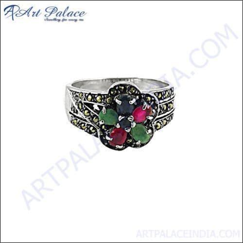 Colorful Designer Emerald & Sapphire Silver Ring Pretty Marcasite Rings Latest Design Marcasite Rings