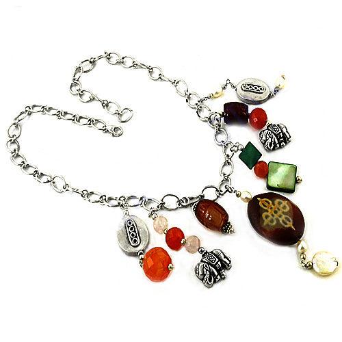 Cool Mother Of Pearl & Red Onyx & Rose Quartz Gemstones 925 Silver Necklace Colorful Necklace
