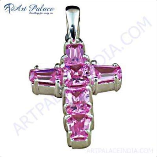 Cool Pink Cubic Zirconia Silver Cross Pendant Jewelry