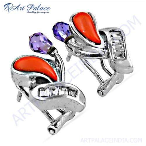 Coral & CZ Gemstone Silver Earring Fabulous CZ Earring Colorful CZ Earring