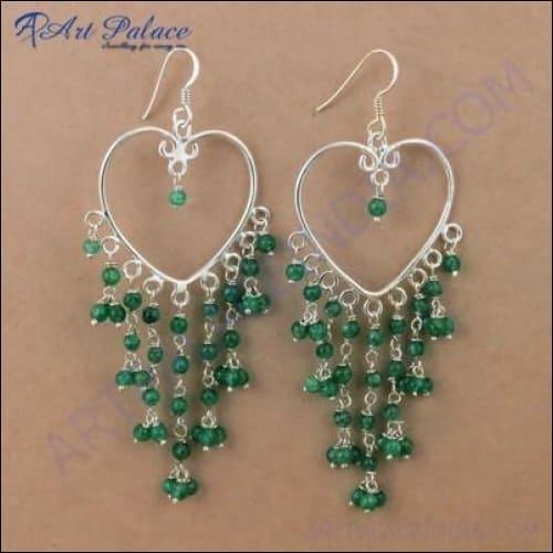 Costume Designer Green Aventurian Gemstone Silver Beaded Earrings