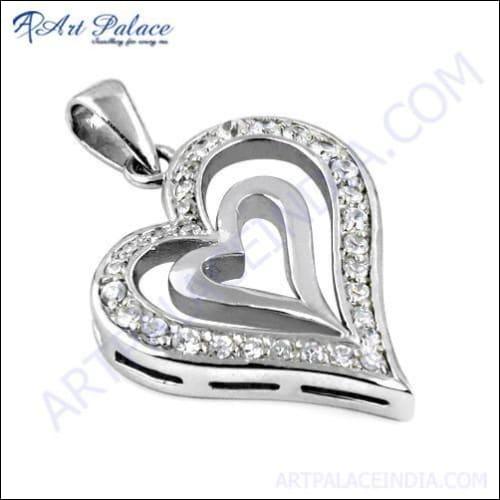 Couple Heart Style Silver Pendant With Cubic Zirconia