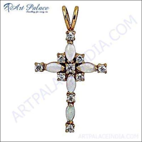 Cross Style Silver Gold Plated Pendant With Rainbow Moonstone & CZ
