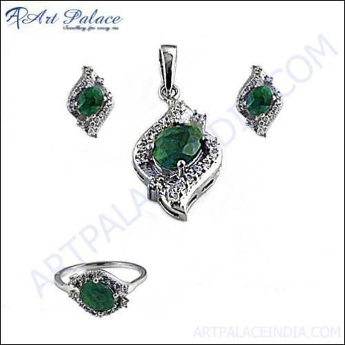 Cubic Zirconia & Dyed Emerald Silver Jewelry Set