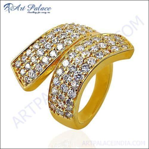 Cubic Zirconia Gemstone Gold Plated Silver Bypass Ring
