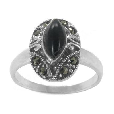 Cute Black Onyx and Marcasite 925 Silver Ring Marcasite Rings Superb Rings