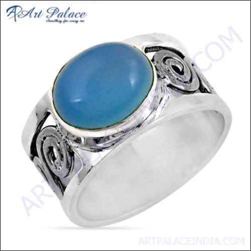 Cute Blue Chalcedony Gemstone Fret Work Silver Ring