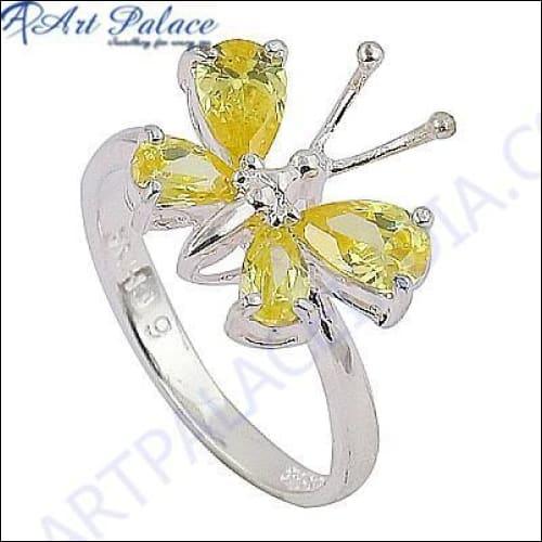 Cute Butterfly Style Yellow Cubic Zirconia Gemstone Silver Ring
