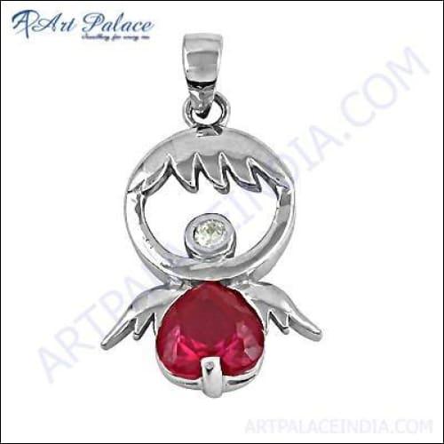 Cute Flying Bird Style Pink Glass & CZ Silver Pendant