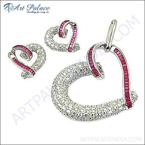 Cute Heart Shape Pink & White CZ Gemstone Silver Pendant Set For Lover Gift
