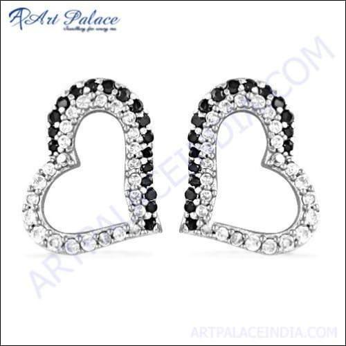 Cute Heart Style Black Onyx & Cubic Zirconia Gemstone Silver Earrings