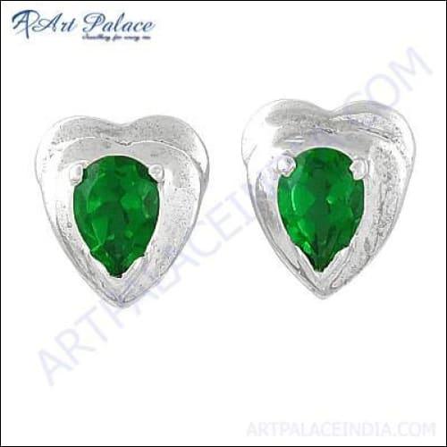 Cute Heart Style Green Cubic Zirconia Gemstone Silver Earrings