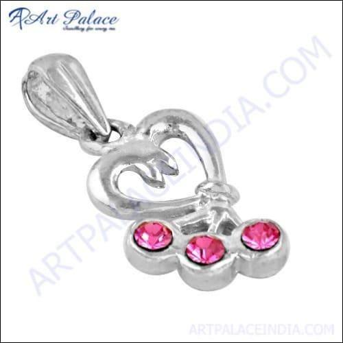 Cute Heart Style Silver Pendant With Pink Cubic Zirconia