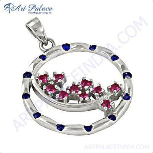 Cute Iolite & Pink Glass Gemstone Silver Pendant