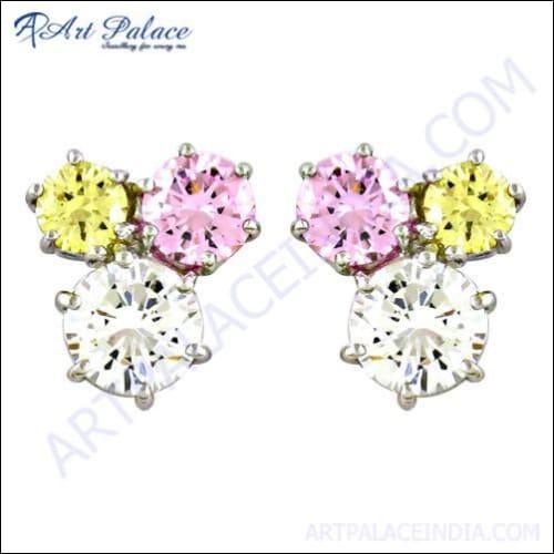 Cute Multi Color Cz Gemstone Silver Stud Earrings