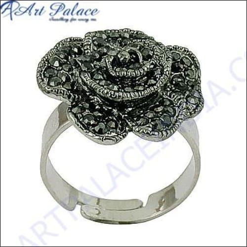Cute Rose Style Silver Marcasite Ring With Gun Metal Flower Marcasite Rings Fancy Marcasite Rings