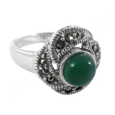 Cute Style 925 Silver Green Onyx Stone Ring Marcasite Rings Gemstone Rings