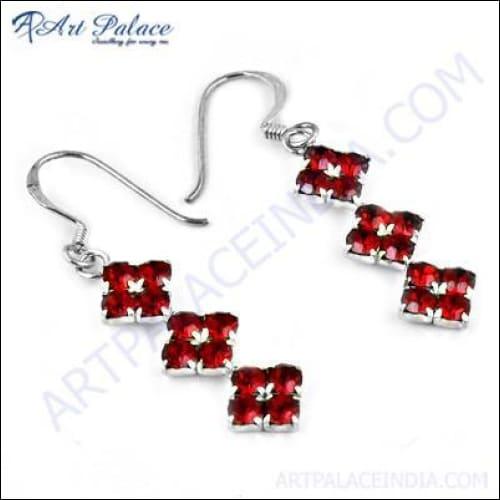 Cute Stylish Red Cubic Zirconia Gemstone Silver Earrings