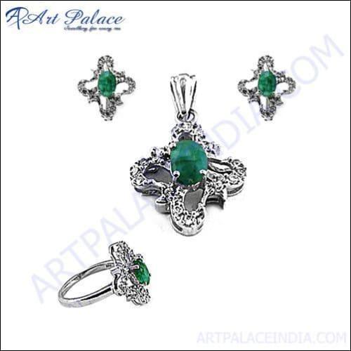 Cz & Dyed Emerald Silver Jewelry Set