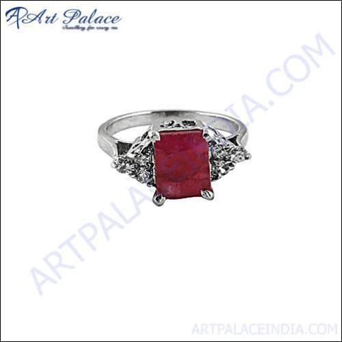 CZ & Dyed Ruby Silver Ring