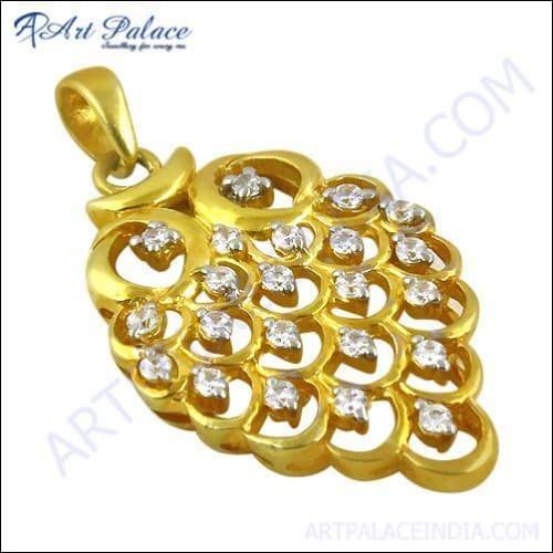 Cz Gemstone Gold Plated Silver Pendant In Leaf Style