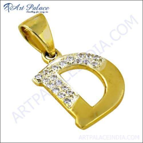 D" Initial Cz Gemstone Gold Plated Silver Pendant