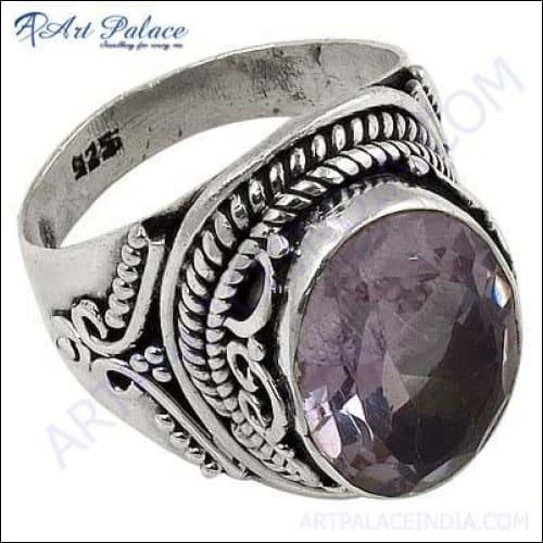 Dazzaling Amethyst Gemstone Silver Ethnic Work Ring Awesome Gemstone Rings Cutstone Silver Rings 925 Silver Rings