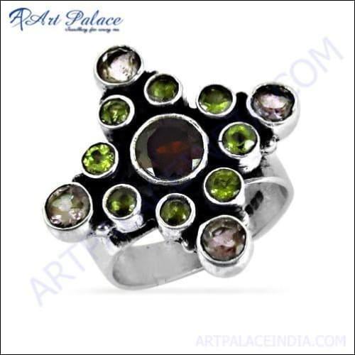 Dazzling Amethyst & Garnet & Peridot Gemstone Silver Ring, 925 Sterling Silver Jewelry