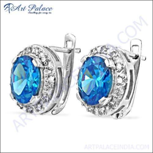 Dazzling !! Blue & White Cubic Zirconia Gemstone Silver Earrings