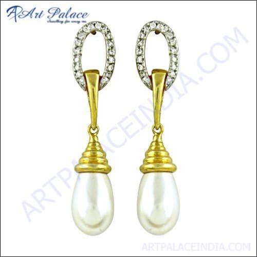 Dazzling Cubic Zirconia & Pearl Gold Plated Silver Earrings