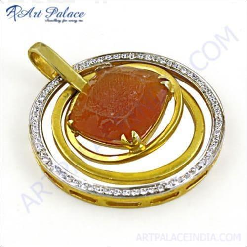 Dazzling Cz & Yellow Glass Gemstone Gold Plated Silver Pendant