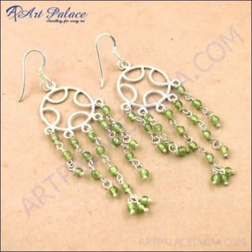 Decent Peridot Gemstone Silver Earrings Beaded Silver Earrings Party Wear Earrings