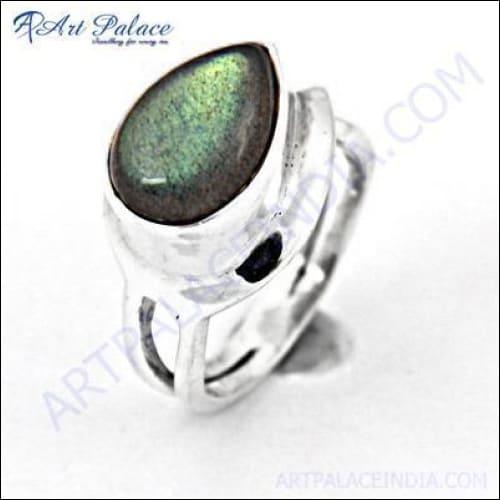 Deep Dark Green Labradorite Gemstone Silver Ring