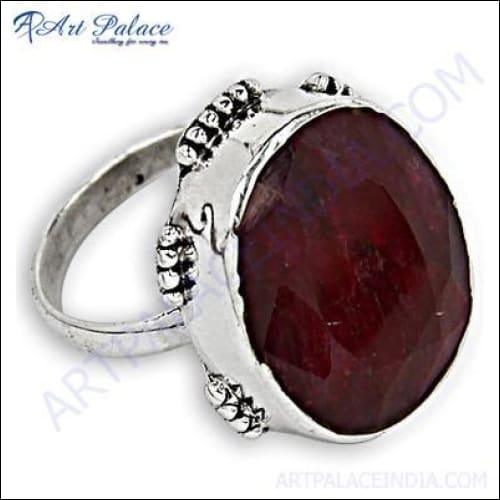 Deep Dark Pink Ruby Gemstone Silver Ring