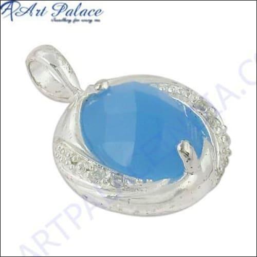 Delicate Blue Chalcedony & Cubic Zirconia Gemstone Silver Pendant