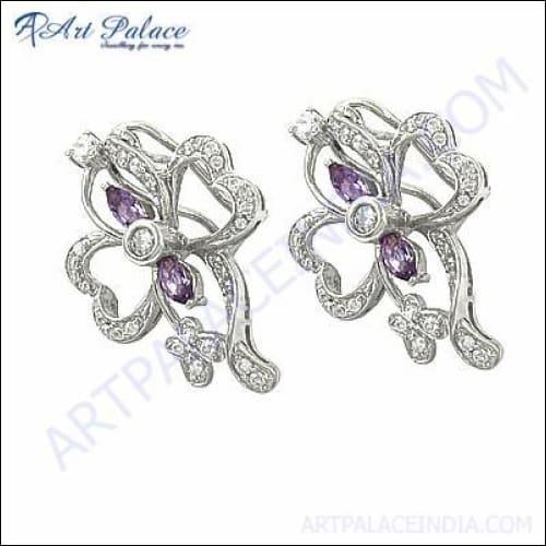 Delicate Design Amethyst & Cubic Zirconia Gemstone Silver Earrings