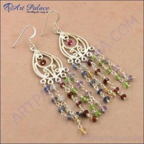 Delicate Multi Gemstone Silver Beaded Earrings