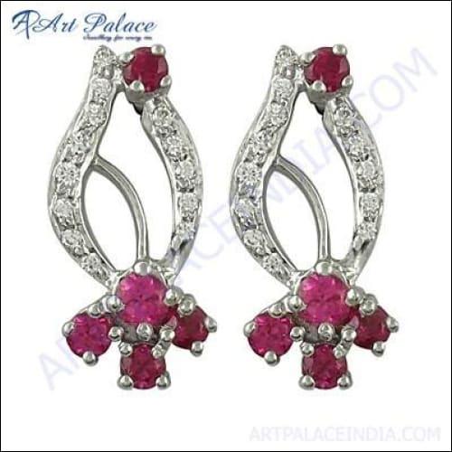 Delicate Red Cubic Zirconia & Cubic Zirconia Gemstone Silver Earrings