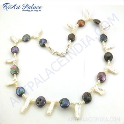 Designer & Elegant Black Pearl & Pearl Gemstone Silver Necklace