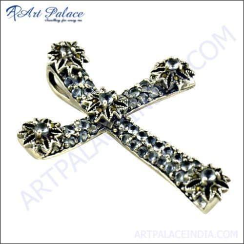 Designer Blue Topaz Glass & Gun Metal Cross Marcasite Silver Pendant