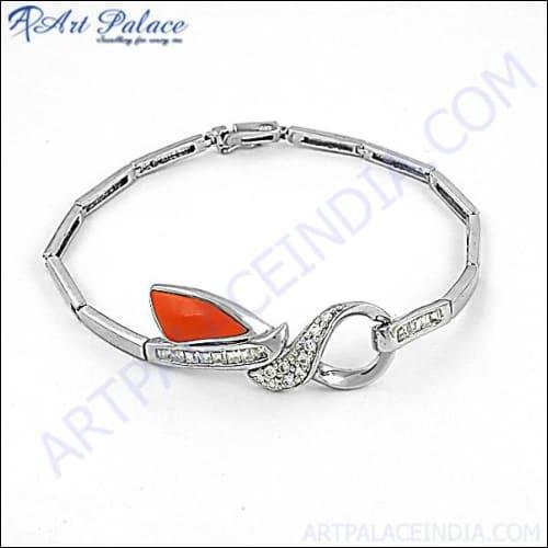 Designer Cubic Zirconia & Synthetic Coral Gemstone Silver Bracelet Wonderful Cz Bracelet Casual Cz Bracelet